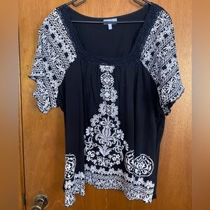 Pre-Loved. Essentials Navy short sleeve white embroidered top. Cute! 2X